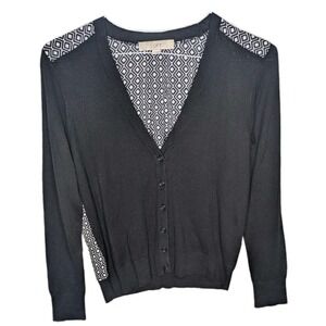 Ann Taylor Loft Womens Cardigan Small Ultra Lightweight Geometric Black ButtonUp